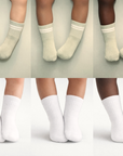 Collage of Piggy's vetiver (sage) and white socks shown on different skin tones.