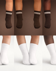 Collage of Piggy's espresso brown and white socks shown on different skin tones.