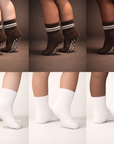 Collage of Piggy's espresso and white socks shown on different skin tones.