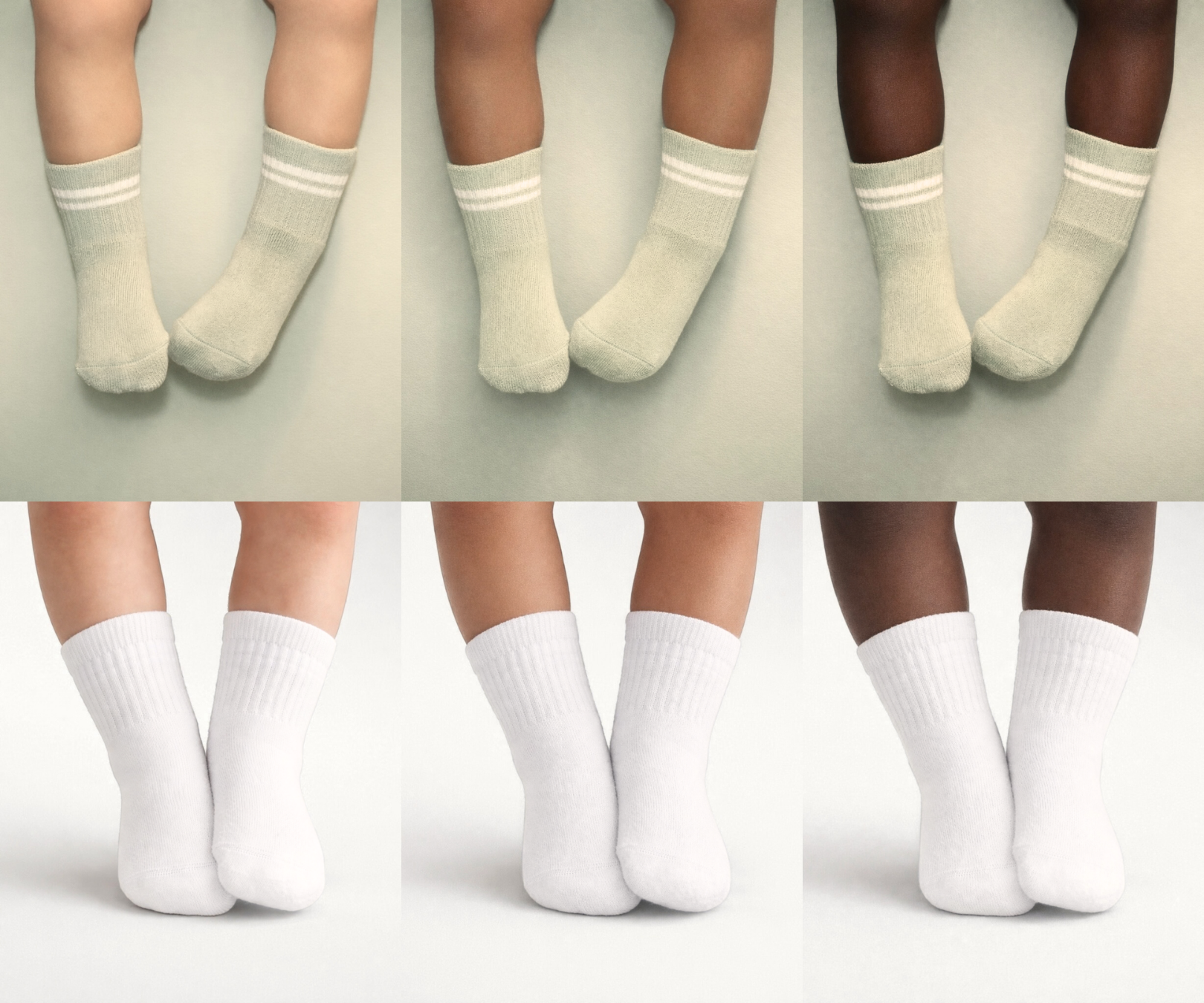 Collage of Piggy's vetiver (sage) and white socks shown on different skin tones.