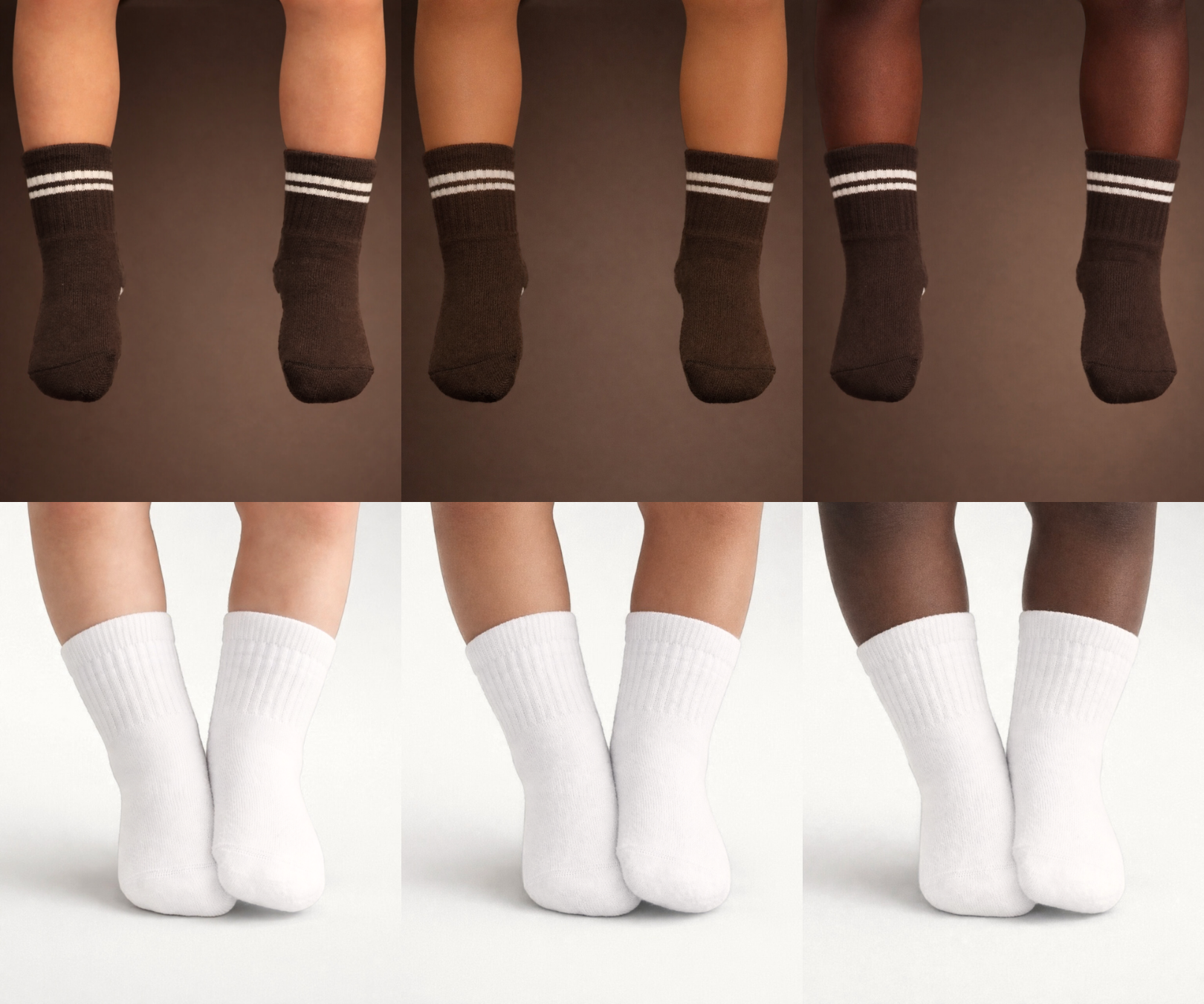 Collage of Piggy's espresso brown and white socks shown on different skin tones.