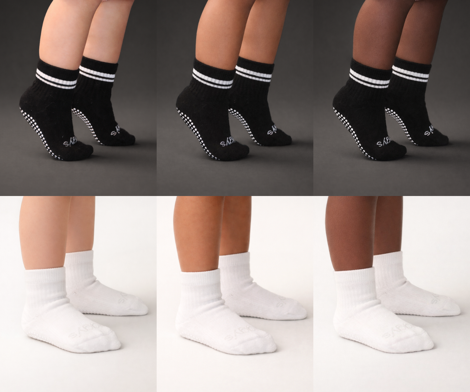 Collage of Piggy's black (Onyx) and white (Bone) socks shown on different skin tones.