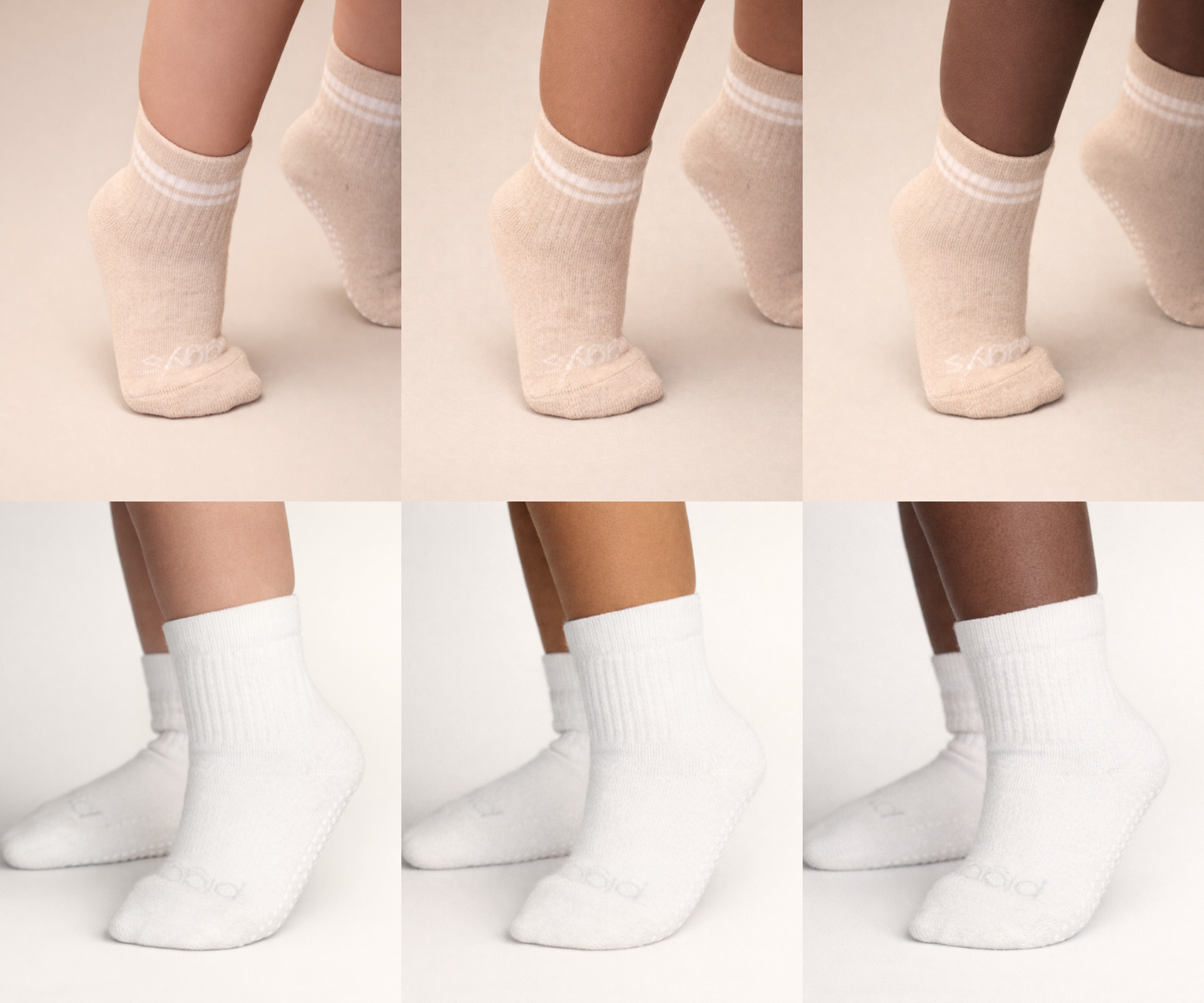 Collage of Piggy's heather beige (Oat) and white (Bone) socks shown on different skin tones.
