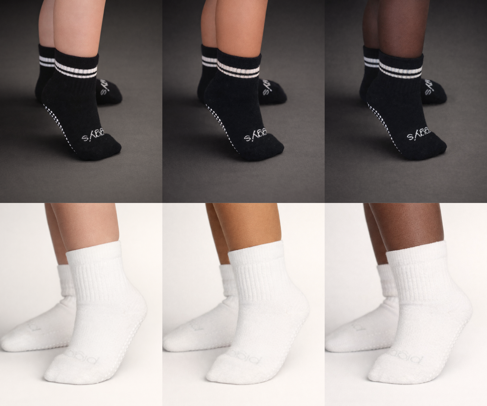 Collage of Piggy's black (Onyx) and white (Bone) socks shown on different skin tones.
