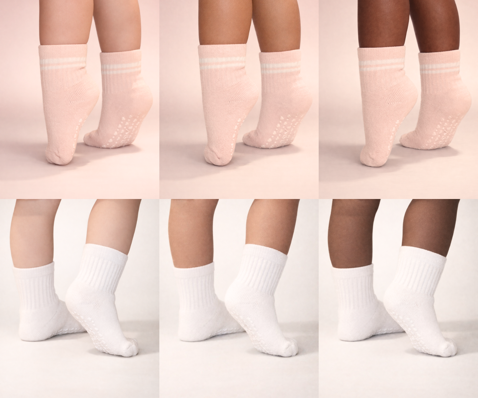 Collage of Piggy's blush and white socks shown on different skin tones.