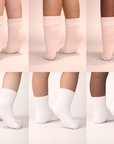 Collage of Piggy's blush and white socks shown on different skin tones.
