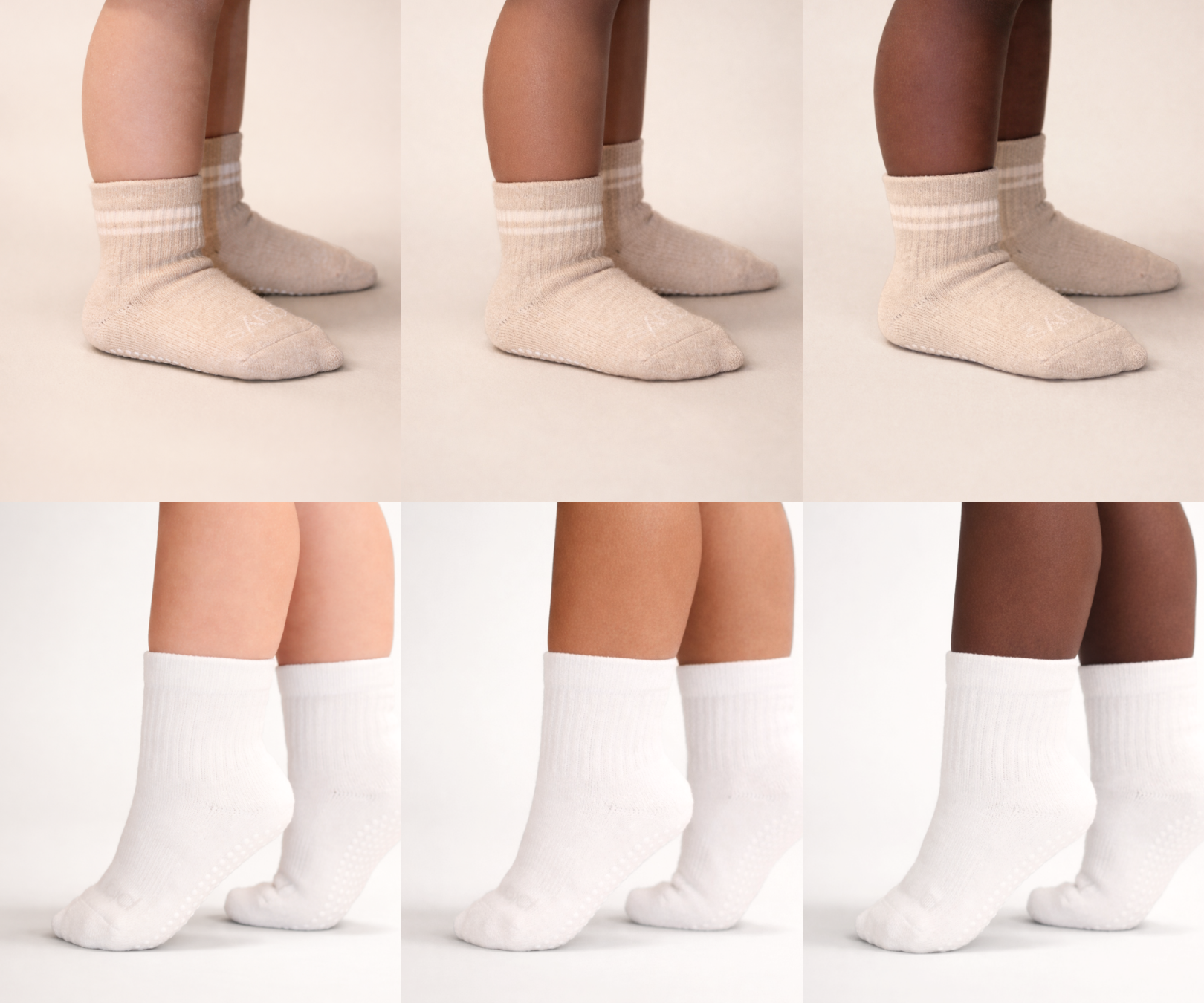 Collage of Piggy's heather beige (Oat) and white (Bone) socks shown on different skin tones.