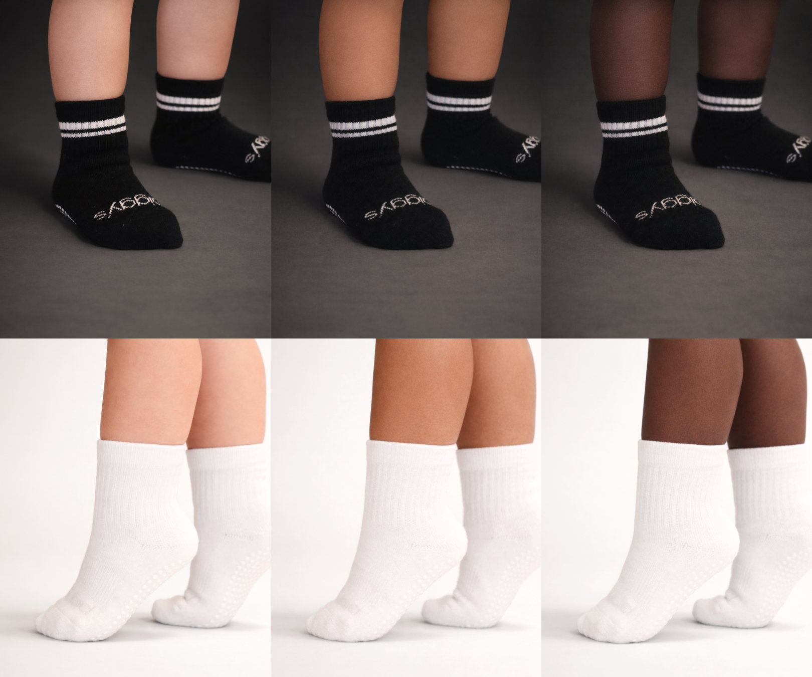 Collage of Piggy's black (Onyx) and white (Bone) socks shown on different skin tones.
