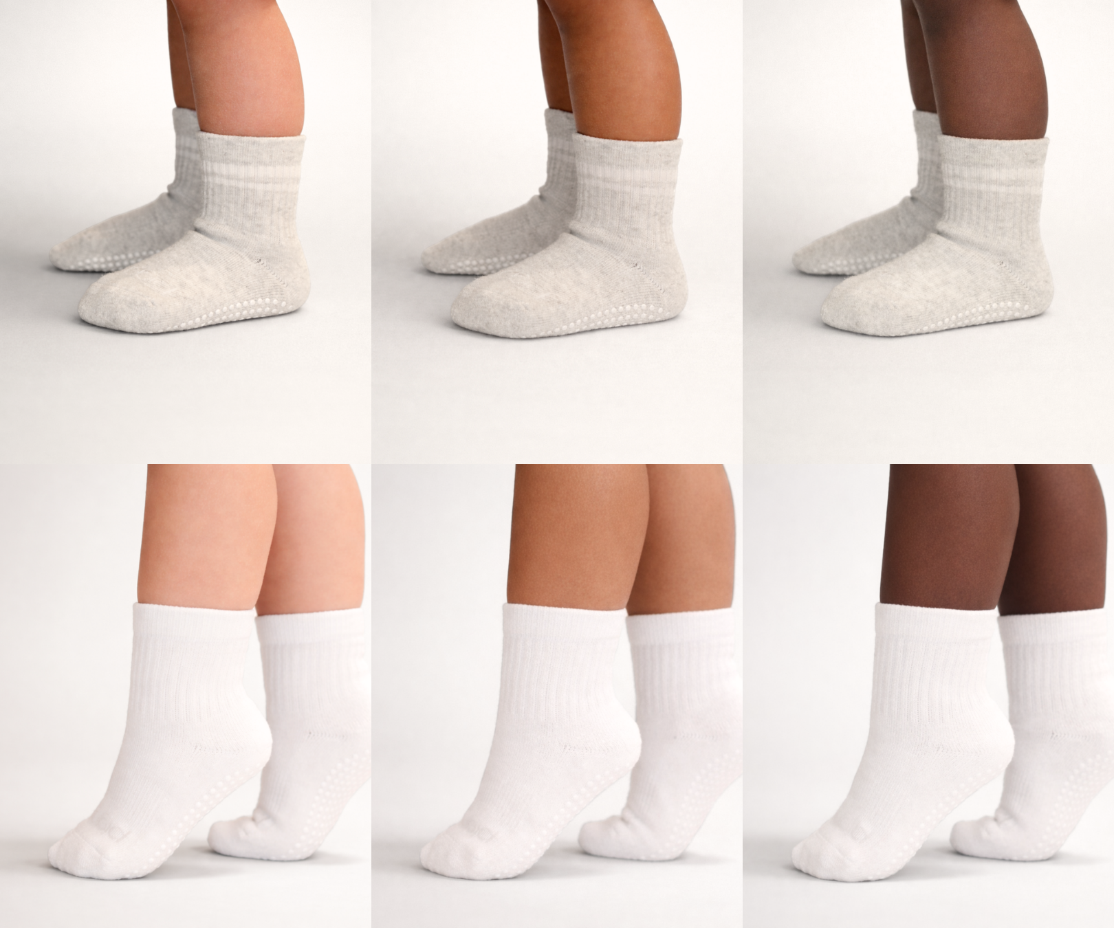 Collage of Piggy's heather grey (Pebble) and white (Bone) socks shown on different skin tones.