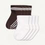 4-pack set of off-white and dark brown baby crew socks with white stripes and silicone grips on an off-white background