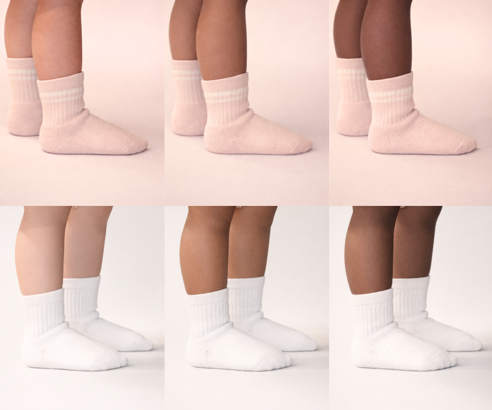Collage of Piggy's blush and white socks shown on different skin tones.