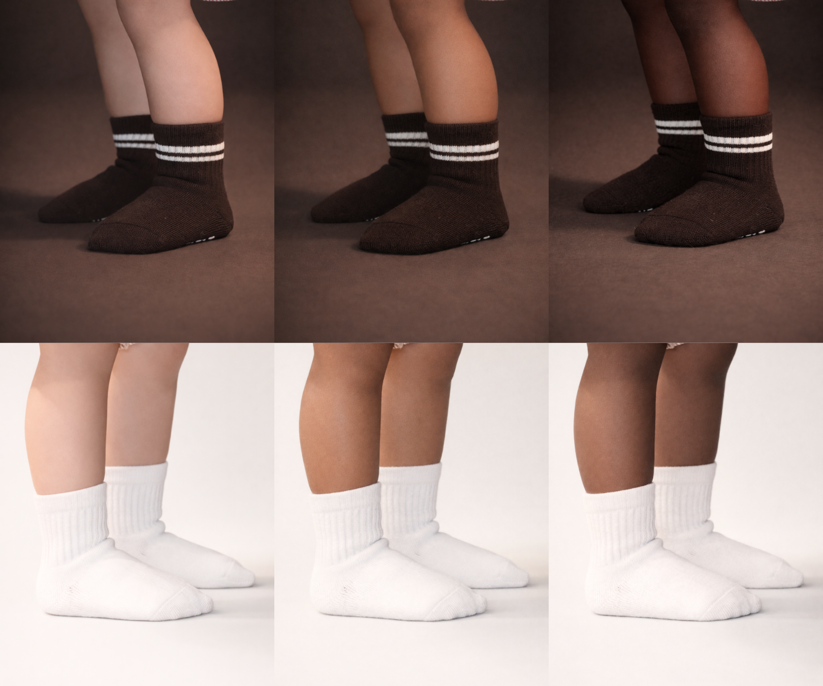 Collage of Piggy's espresso brown and white socks shown on different skin tones.