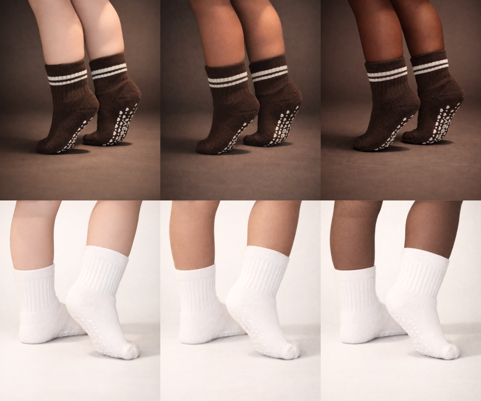 Collage of Piggy's espresso and white socks shown on different skin tones.