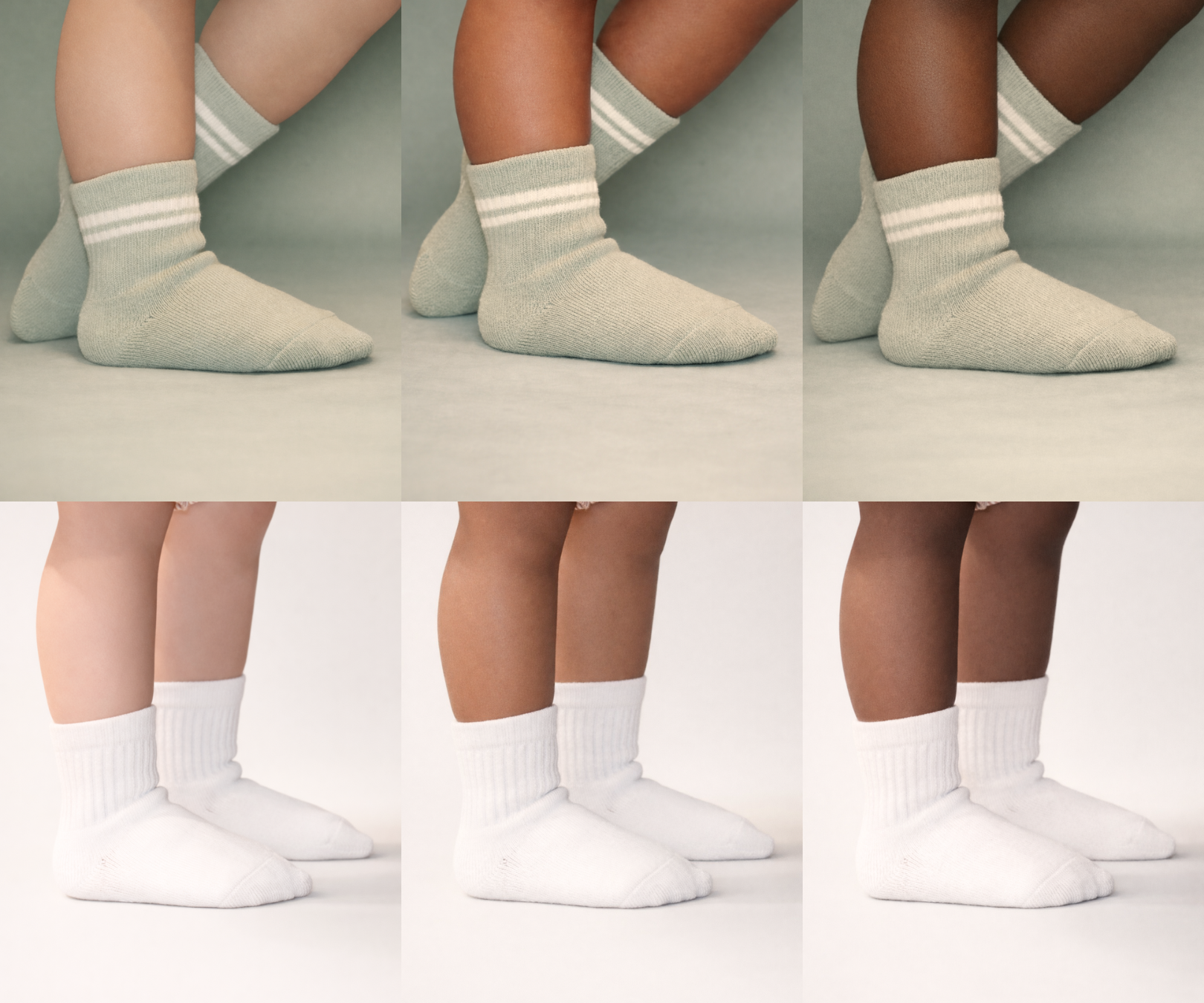 Collage of Piggy's vetiver (sage) and white socks shown on different skin tones.