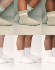 Collage of Piggy's vetiver (sage) and white socks shown on different skin tones.