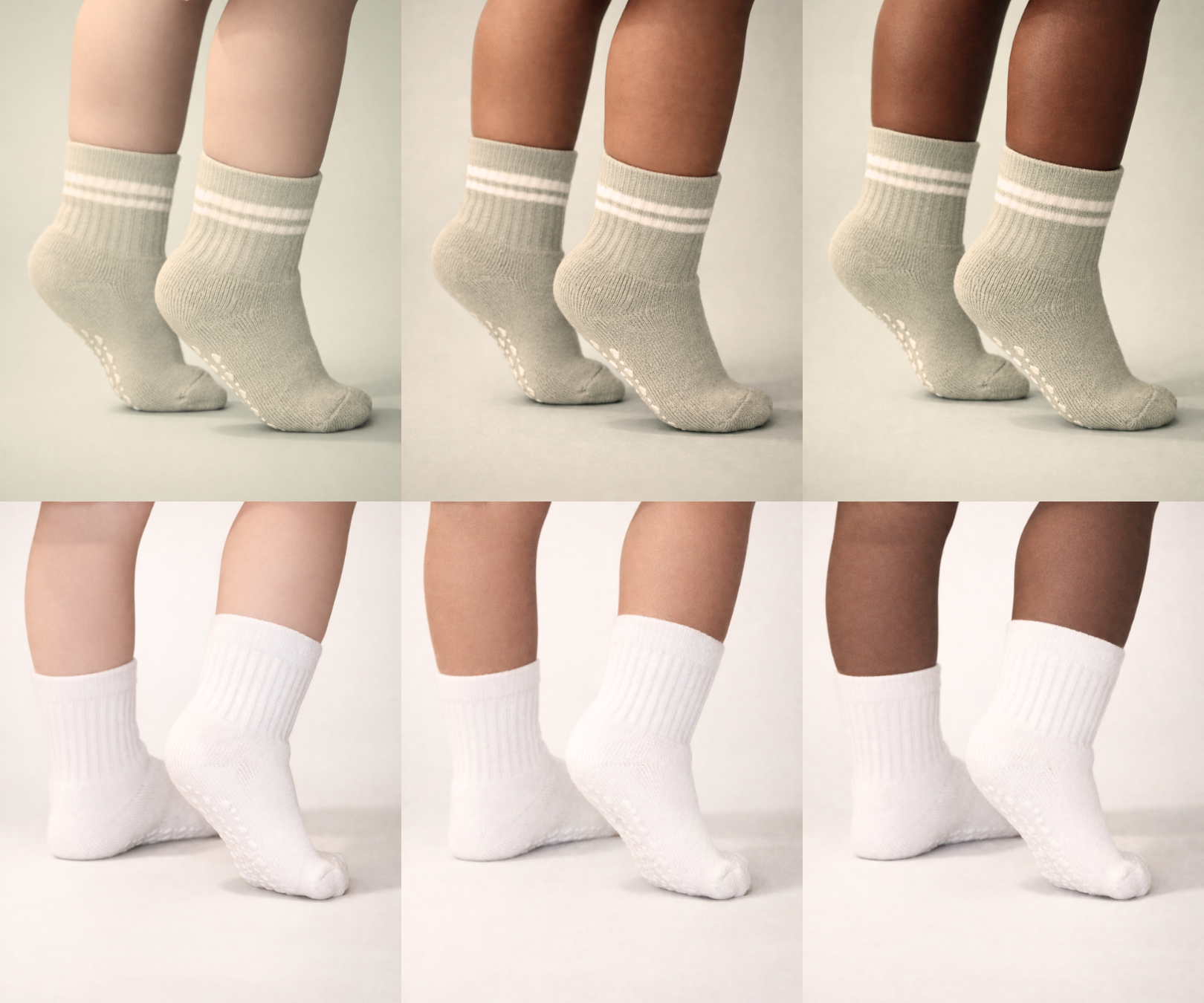 Collage of Piggy's vetiver (sage) and white socks shown on different skin tones.